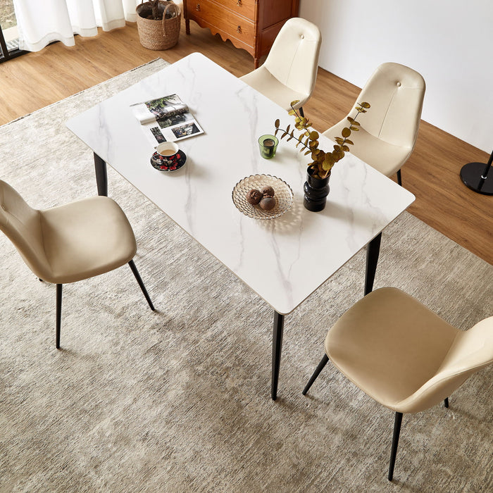 Mid Century Modern Dining Table Round White Sintered Stone Top Heavy Duty Metal Legs Waterproof Surface For Kitchen Dining Room Or Office Furniture - White / Black