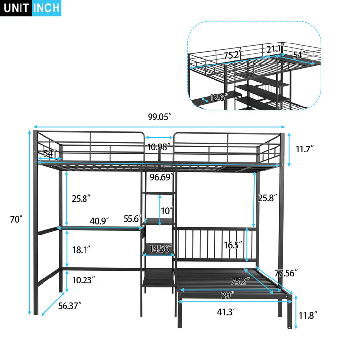Full Over Twin Bunk Bed With Built In Desk, Shelves And Ladder - Black