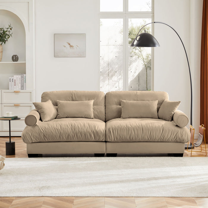 Modern Velvet Sofa With Bolstered Armrests And Pillows
