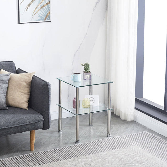 Modern 2 Piece Side Table With Storage Shelf, Tempered Glass, Space Saving Design - Clear