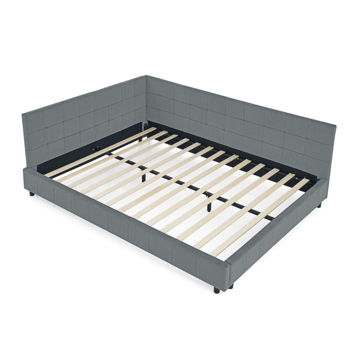 Mid-Century Storage Upholstered Tufted Bed Frame With Backrest And Armrests