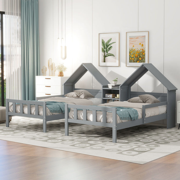Double Platform Bed With House Shaped Headboard And Built In Nightstand