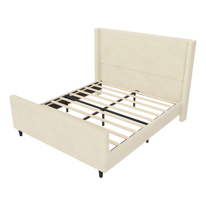 Corduroy Upholstered Bed Frame With Vertical Stripe Wingback And High Footboard