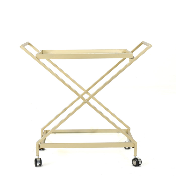 Sherianne - Industrial Bar Cart With Tempered Glass Shelves And Swivel Wheels - Gold