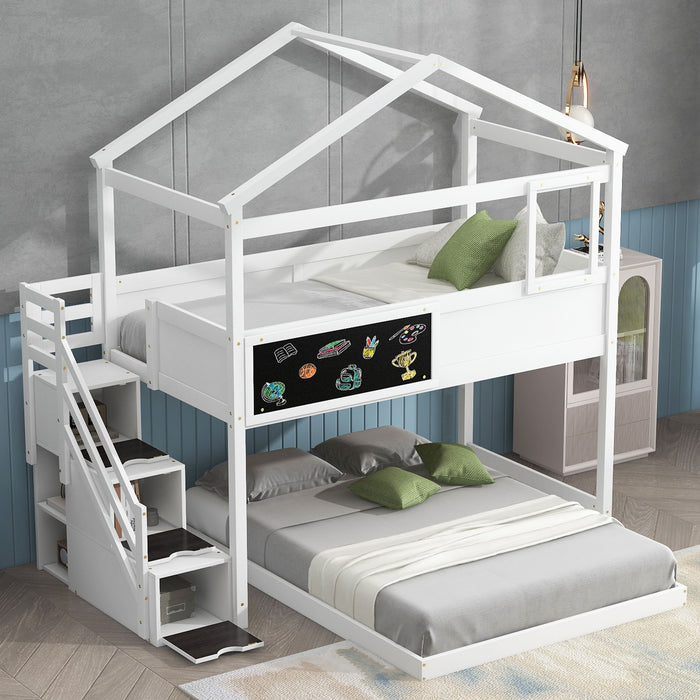House Style Bunk Bed With Storage Staircase And Blackboard