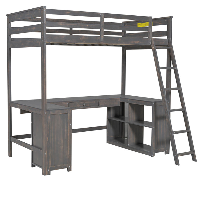 Loft Bed With U-Shaped Desk, Drawers, And Storage Shelves