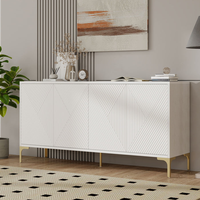 Modern Wood Sideboard Cabinet With Carved Door Panels, Adjustable Shelves, And Sturdy Metal Legs
