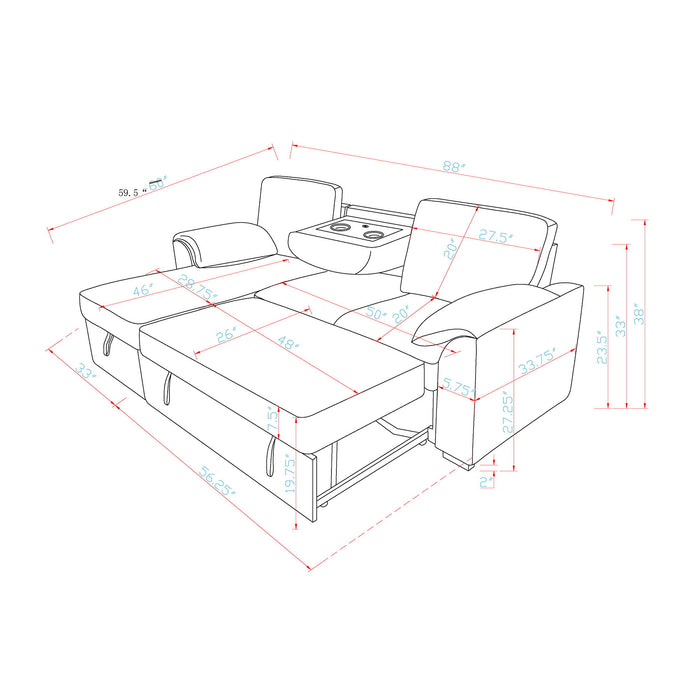 Rebecca - Sofa With Pull Out Bed, Storage Chaise, USB And Cup Holders - Dark Gray