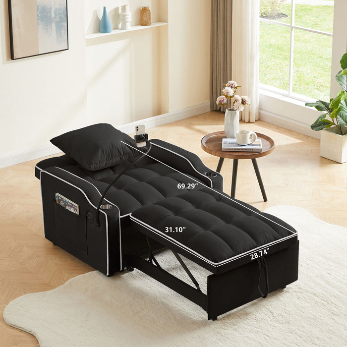 Convertible Velvet 3 In 1 Sofa Bed With Adjustable Sleeper Chair And Multi Pockets