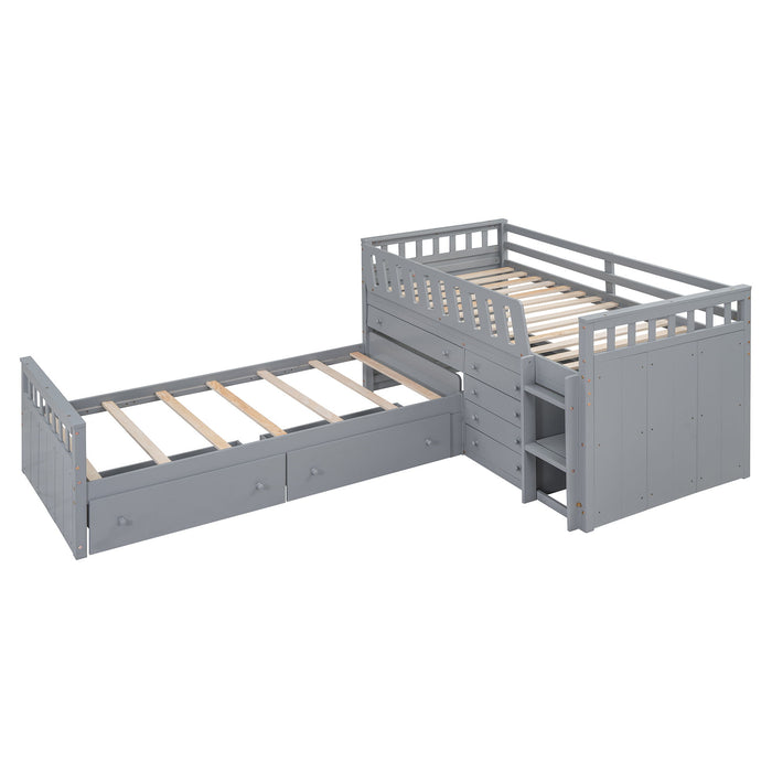 Loft Platform Bed With 7 Drawers And Full Guardrails, Modern L Shaped Space Savin