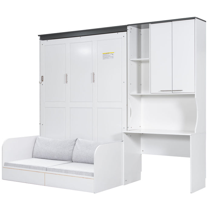 Multi Functional Murphy Bed With Sofa, Desk, And Storage Cabinet, Queen Size - White