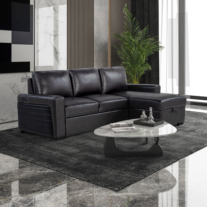 Montero - Sofa With Pull Out Bed, Drop Down Table, USB And Cup Holders, Storage Chaise - Charcoal Black
