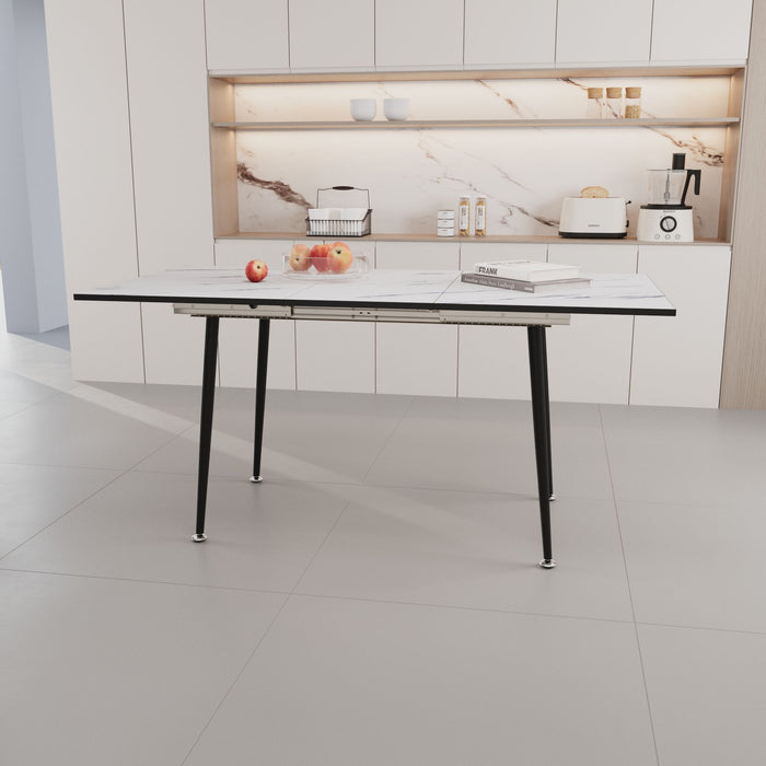 Modern Industrial Expandable Dining Table 47" To With Marble Pattern Top And Metal Legs - White