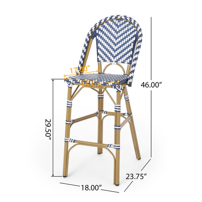 Outdoor Rattan French Barstool Set,, Bamboo, Seat Height - Navy Blue / White