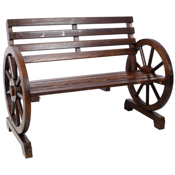 Rustic Country 2 Person Wooden Wagon Wheel Bench With Slatted Seat And Backrest - Brown