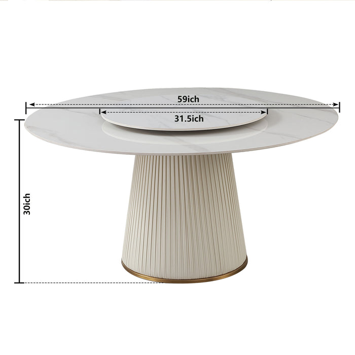 Modern Sintered Stone Dining Table With Round Turntable, Wood And Metal Pedestal, 8 Chairs - White