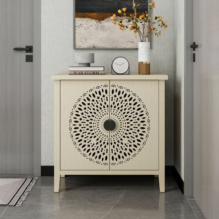 Hollow Carved 2 Door Accent Cabinet Sideboard Buffet Storage Cabinet With Adjustable Shelf For Entryway Living Room Bedroom - Natural