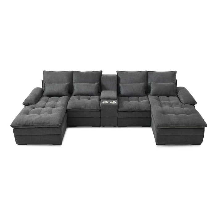 U Shaped Sofa With Console And Cupholders, 6 Seat