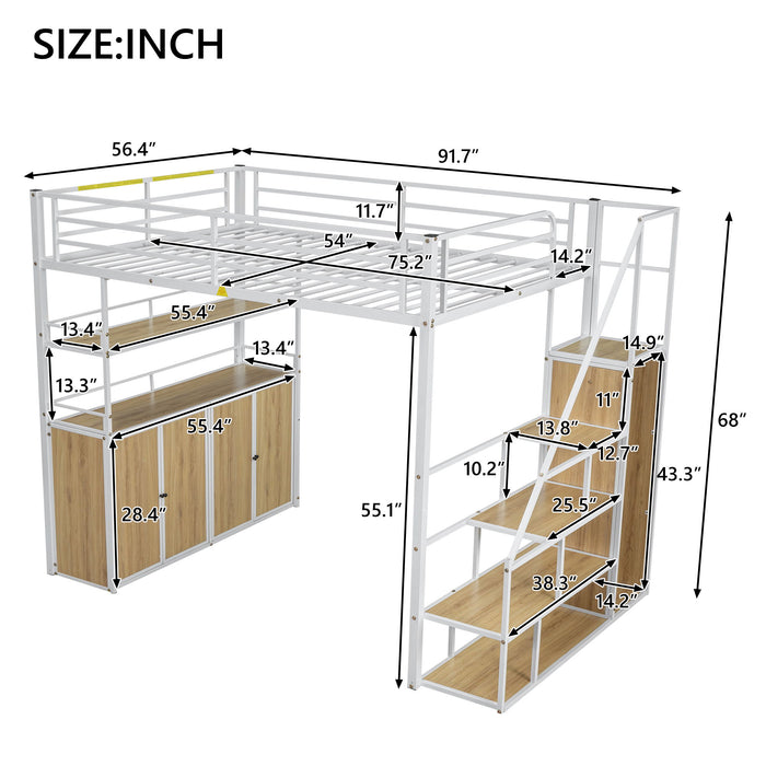 Full Size Loft Bed With Storage Staircase, Wardrobe, Shelves, And Lockers Natural Mdf Details - White / Natural