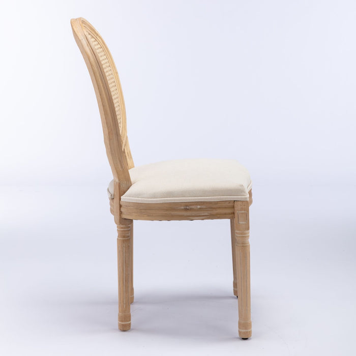 French Style Solid Wood Frame Antique Painting Fabric Rattan Back Dining Chair (Set of 2)