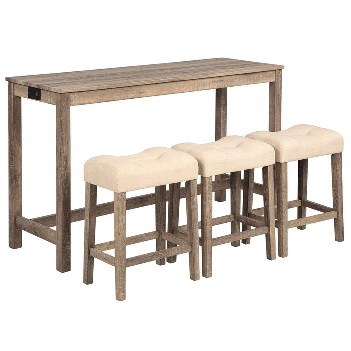 4 Piece Bar Table Set With Power Outlet, 3 Padded Stools