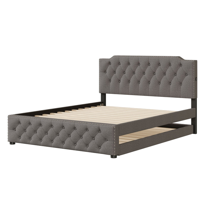 Upholstered Platform Bed With Trundle And 2 Sets Of USB Ports On Each Side, Linen Fabric