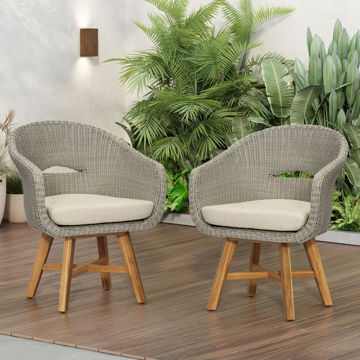 Modern Coastal Rattan Dining Chairs, (Set of 2), Solid Wood Legs - Beige / Gray Ash / Natural