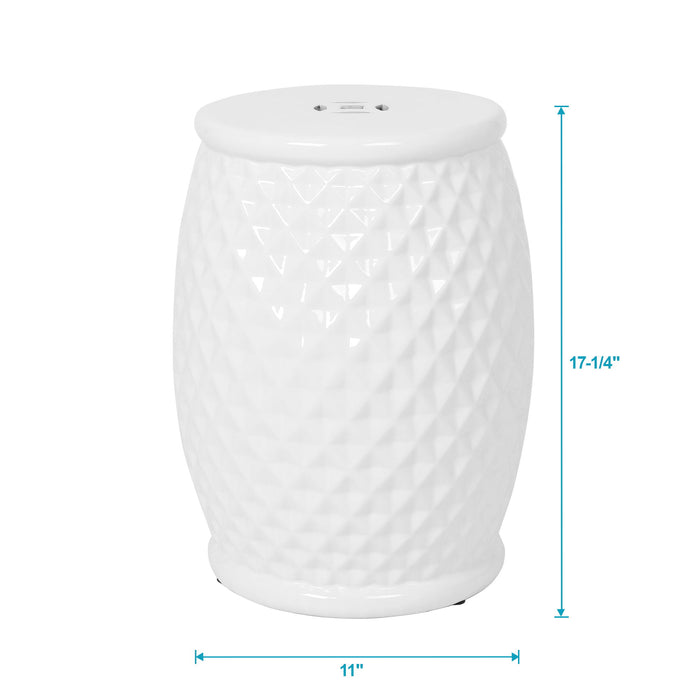 Glazed Ceramic Drum Stool Indoor / Outdoor Side Table Ceramic - White