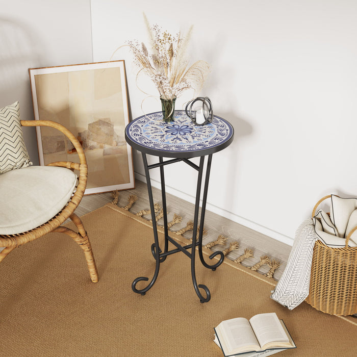 French Country Patio Side Table With Vibrant Tile Top