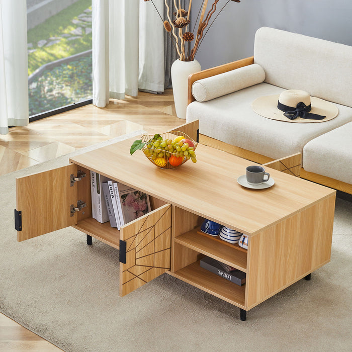 Spider- Web Textured Modern Coffee Table Geometric Art And Practical Design - Natural Wood