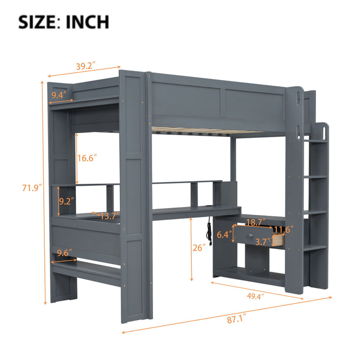 Gaming Loft Bed With Desk, Multi Storage Shelves, LED And Charging Station