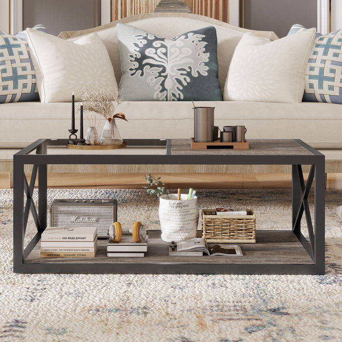 Industrial Style Coffee Table For Bedroom & Living Room With Tempered Glass & Wood Grain - Wood