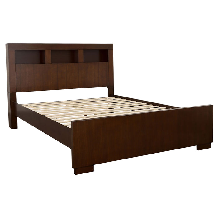 Copper - Eastern King LED Storage Bookcase Bed With Built In Shelves - Cappuccino