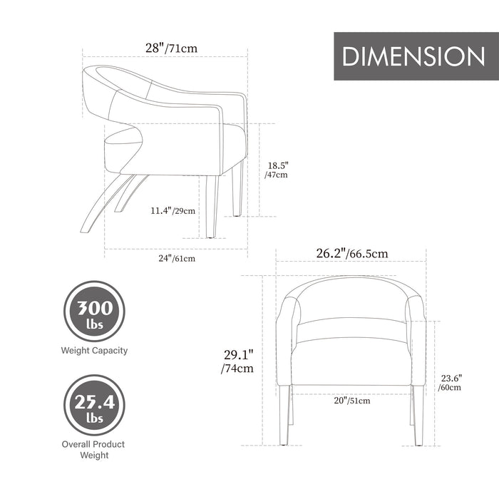 Upholstered Open Back Armchair With Weathered Rubberwood Legs
