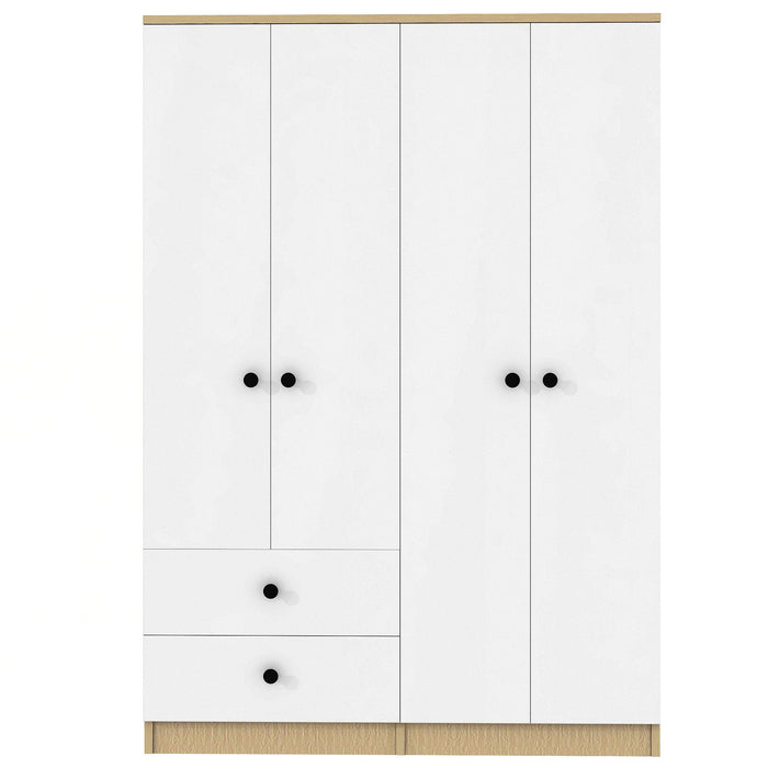 4 Door Wardrobe Closet With Drawers, Shelf, And Hanging Rod - White / Natural