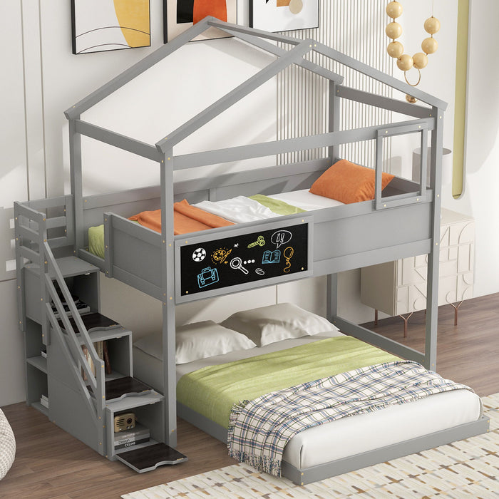 House Style Bunk Bed With Storage Staircase And Blackboard