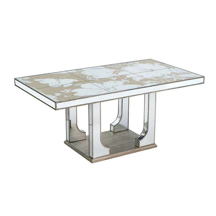 Large Mirrored Dining Table With Elegant Floral Design And - Silver Multi