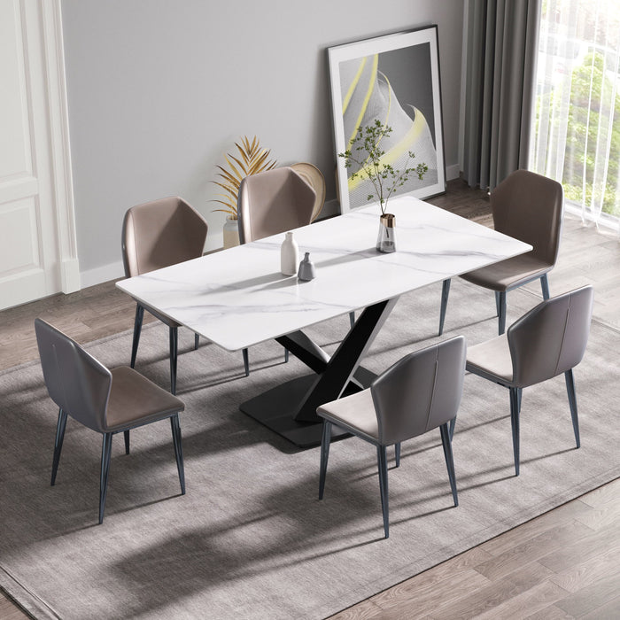 Modern Artificial Stone Straight Edge Metal X Leg Dining Table, 6 People