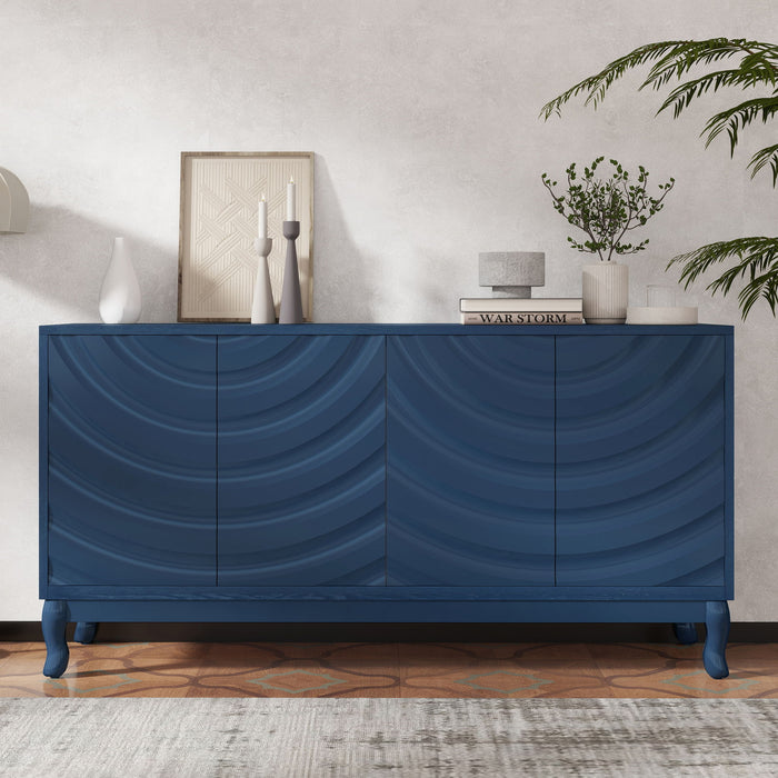 Elegant Sideboard With Sophisticated Wavy Pattern Doors And Arched Groove Design, Adjustable 4 Door Layout