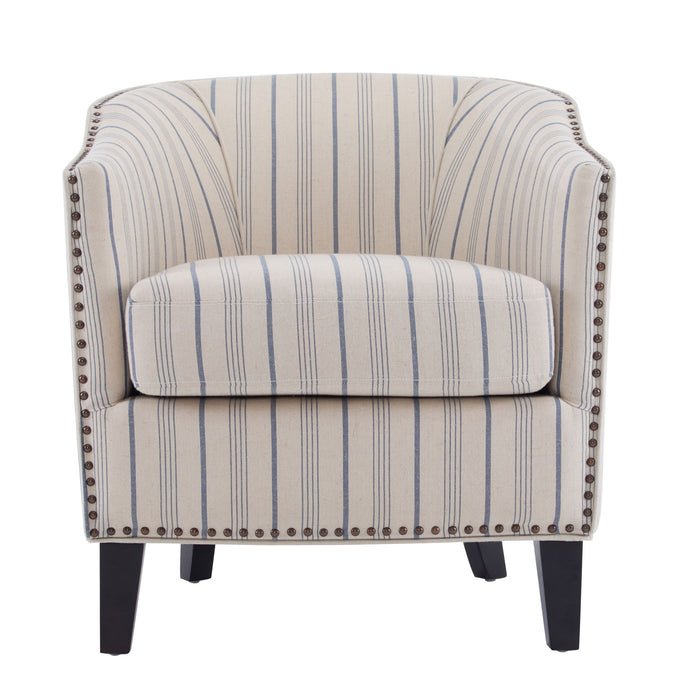 Transitional Upholstered Stripe Barrel Chair With Birch Wood Legs And Plush Cushioned Seat - Beige / Blue Stripe