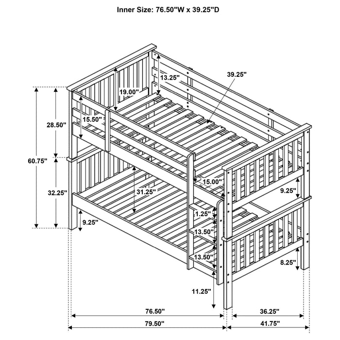 Slatted - Headboard Twin / Twin Bunk Bed With Built In Ladder Design - White