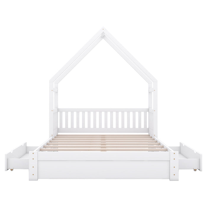 House Style Platform Bed With Guardrail And 2 Drawers