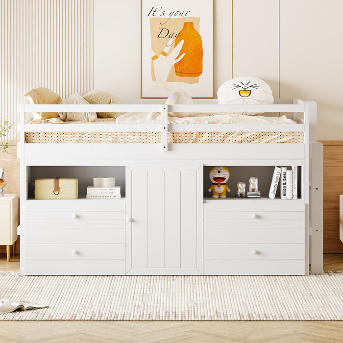 Loft Bed With 4 Drawers, Underneath Cabinet And Shelves