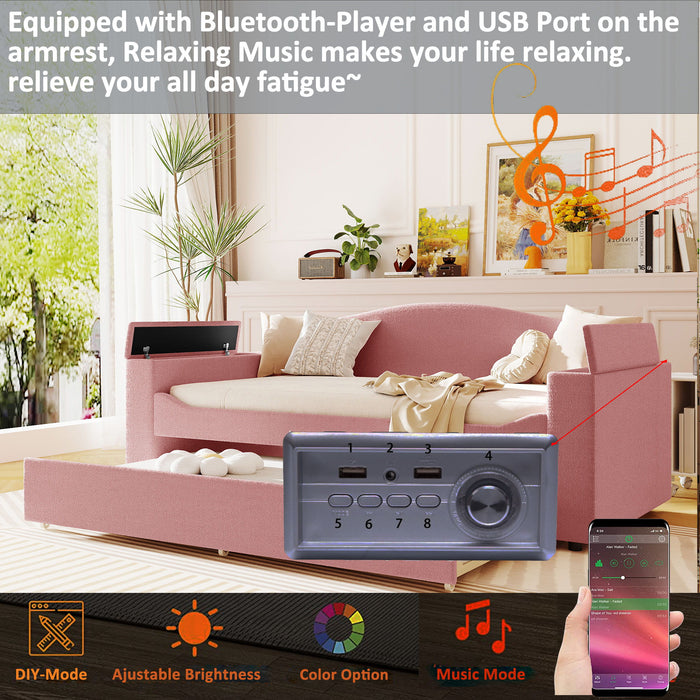 Upholstered Daybed With Storage Armrests, Trundle And Latest Integrated Bluetooth Audio System