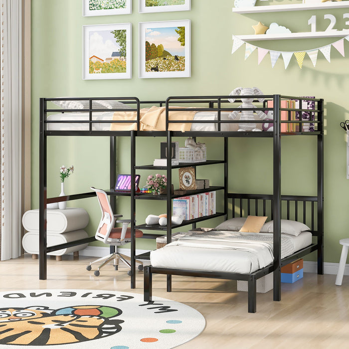 Full Over Twin Bunk Bed With Built In Desk, Shelves And Ladder - Black