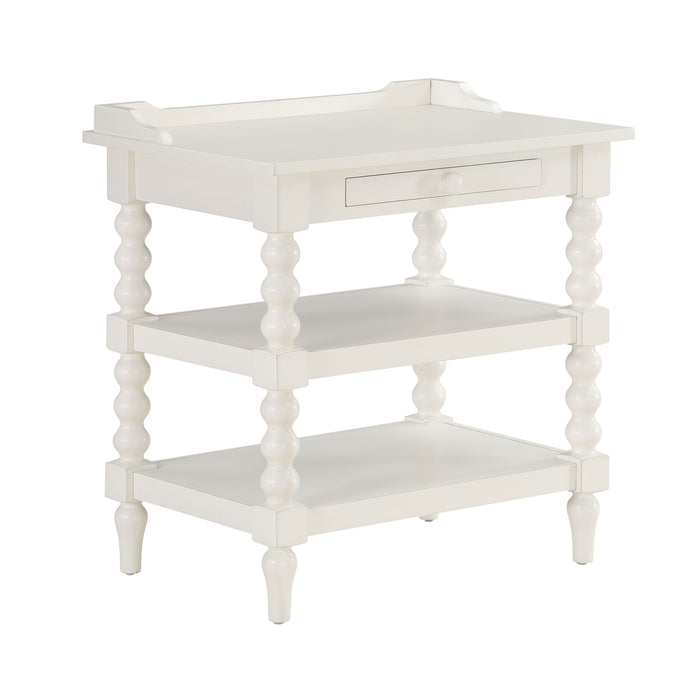Aria - Nightstand With Styling, 2 Shelves, Pull Out Tray, Spool Turned Legs - Antique White