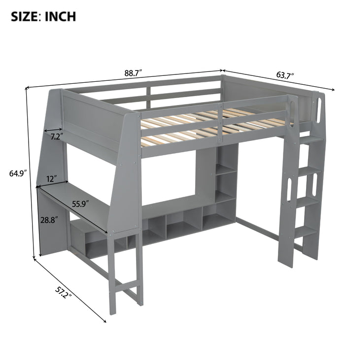 Full Size Gaming Loft Bed With Desk, Multi Storage Shelves, LED Lighting, And Hanging Clothes Rack - Gray