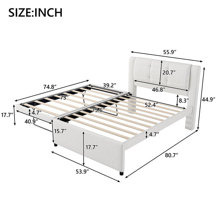 Upholstery Platform Bed With Trundle, Trundle Can Be Flat Or Erected