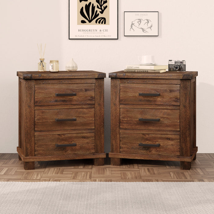 Rustic Farmhouse Nightstand (Set of 2) With 3 Drawers - Natural