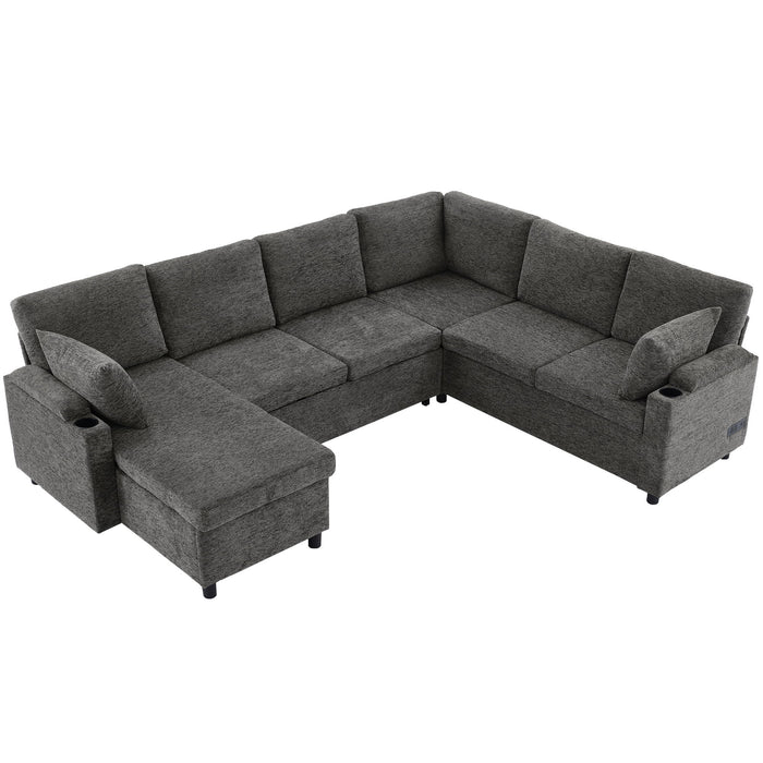 U-Shaped Sectional Sleeper Sofa With Ample Storage Space, 2 Cup Holders And Charging Ports For Living Room